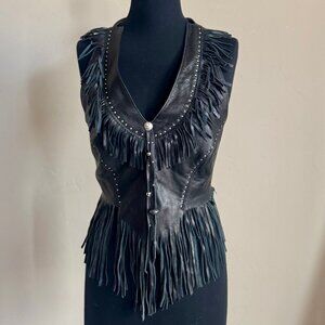 Vintage Concert 🎶 Leather Fringe Halter Top Silver Grommet Detail Concert Vibes
